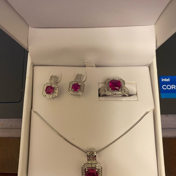 3 piece created Ruby and Diamond Accent Set in Rhodium over Brass - Picture 3 of 4